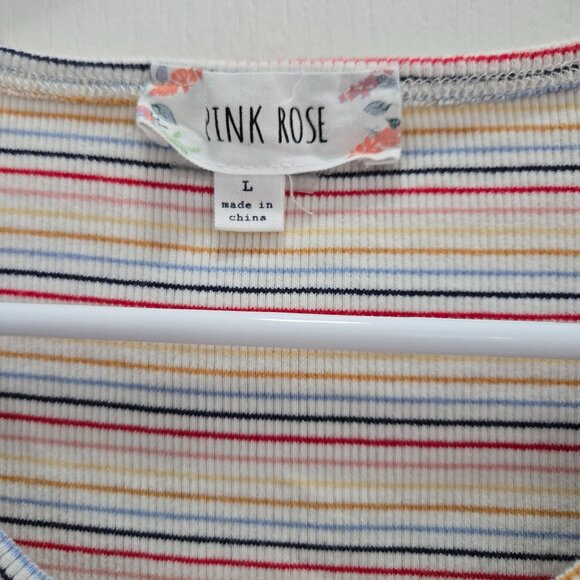 Pink Rose Striped Button-Front Ribbed Short Sleeve Knit Crop Top Size L  Multico - Picture 3 of 5